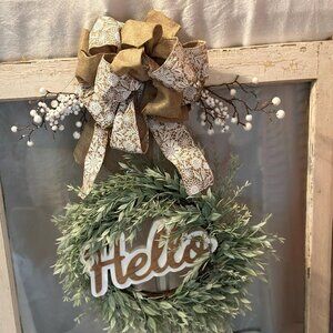Vintage Window Frame With Beautiful Hello Wreath